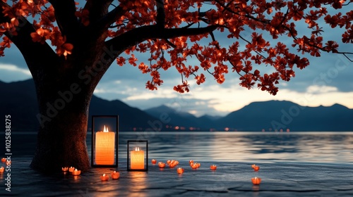 Tranquil lakeside scene with glowing candles and a blossoming tree at dusk. photo