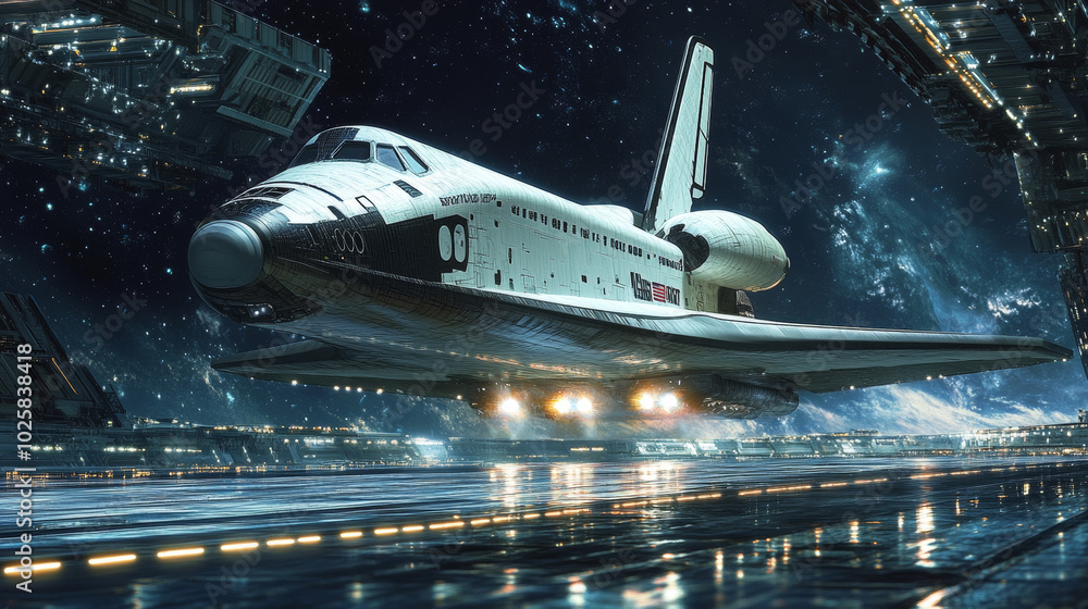 A spaceship arrives at a space station, gently landing on a platform. The runway lights guide the spacecraft as it descends. The space shuttle has successfully reached its destination. A spaceship arrives at a space station, gently landing on a platform. The runway lights guide the spacecraft as it descends. The space shuttle has successfully reached its destination.