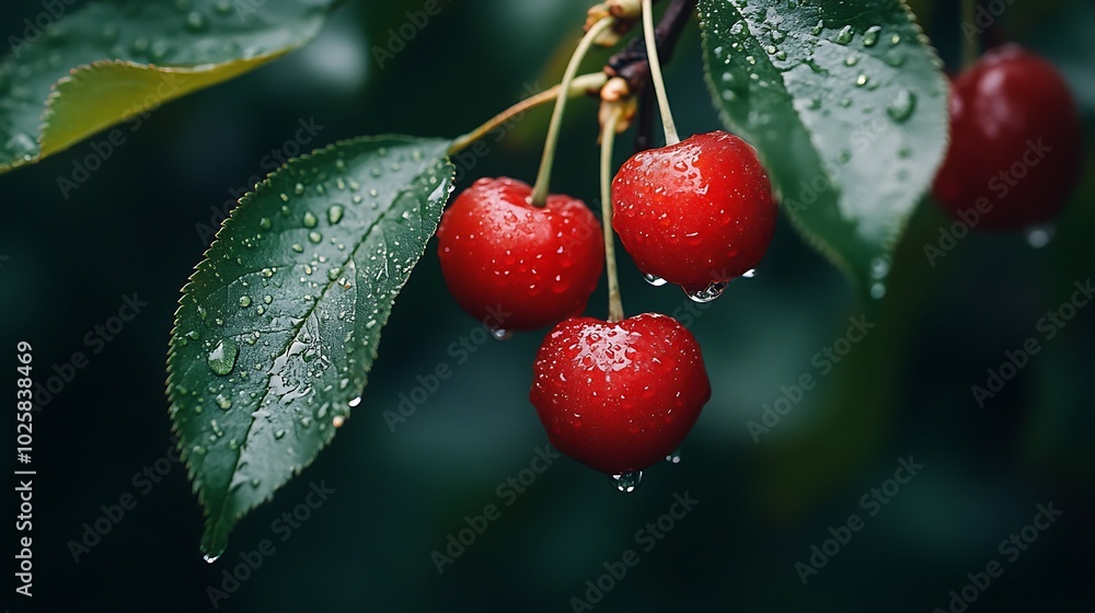 Obraz premium Close-up of ripe red cherries hanging from a branch after a rain shower with raindrops on the leaves and cherries.