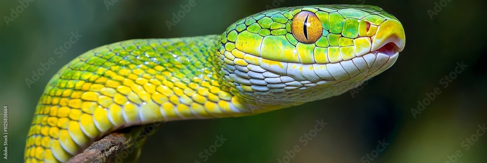 A tight shot of a green snake's head perched on a tree branch against hazy, blurred trees in the backdrop A tight shot of a green snake's head perched on a tree branch against hazy, blurred trees in the backdrop