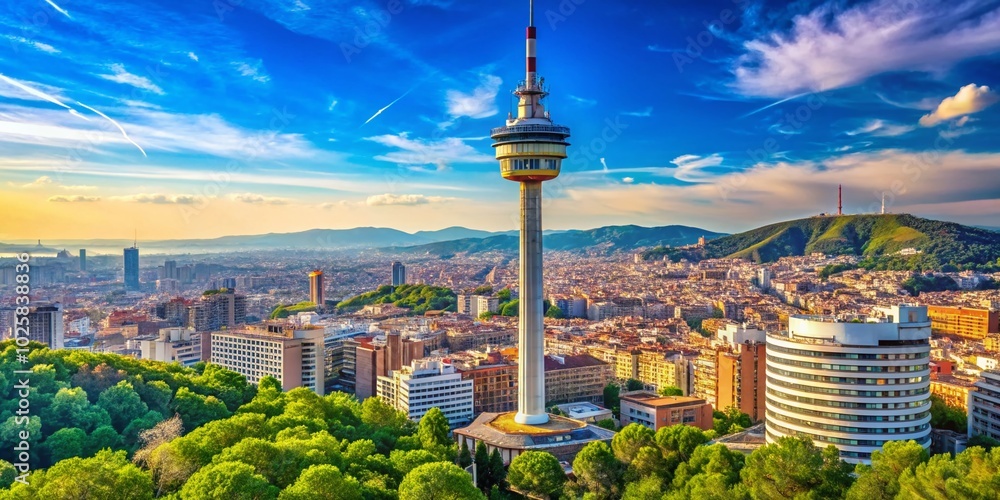 Fototapeta premium Montjuic Communications Tower: Iconic Architectural Marvel and Symbol of Modern Design in Barcelona, Spain's Skyline