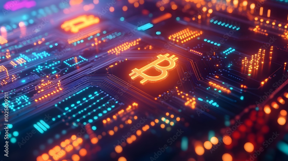 Fototapeta premium A modern digital currency concept with glowing cryptocurrency symbols and circuit board backgrounds