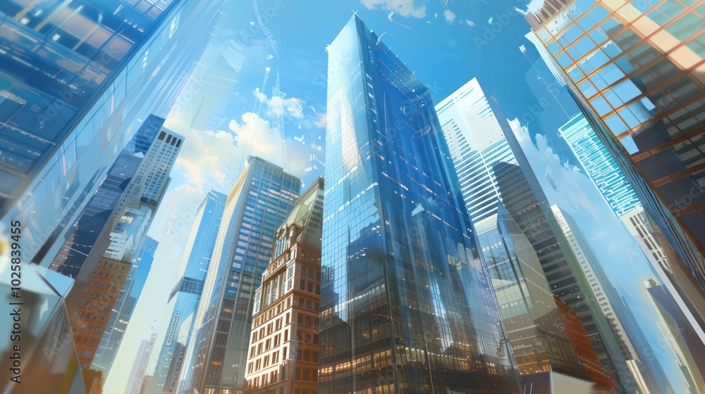 An Upward View of Skyscrapers Reflecting the Sky and Clouds An Upward View of Skyscrapers Reflecting the Sky and Clouds