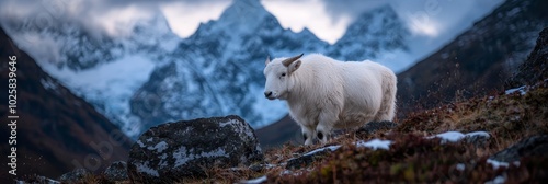  A mountain goat stands on a snow-covered mountain edge, overlooking a distant mountain range