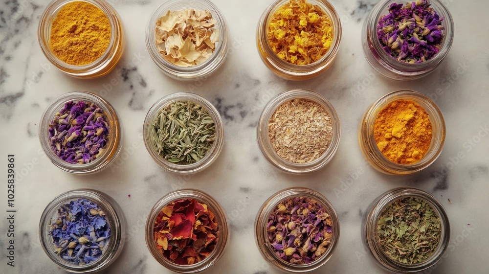 A selection of herbs and spices for homemade skincare products, ideal for natural beauty enthusiasts looking to create organic, chemical-free skincare treatments. A selection of herbs and spices for homemade skincare products, ideal for natural beauty enthusiasts looking to create organic, chemical-free skincare treatments.