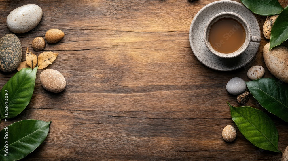 A serene minimalist coffee background with natural elements, featuring a simple coffee cup placed on a wooden surface, surrounded by natural elements like leaves, pebbles, and earthy textures A serene minimalist coffee background with natural elements, featuring a simple coffee cup placed on a wooden surface, surrounded by natural elements like leaves, pebbles, and earthy textures