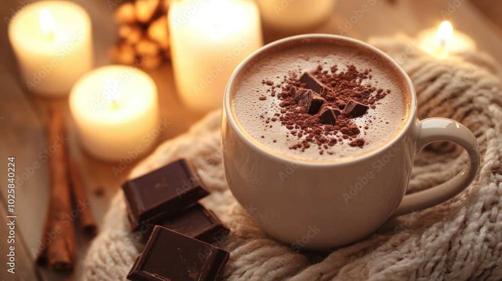 A serene scene of hot chocolate for mental health and relaxation, featuring a calm setting with candles, soft music, and a mug of rich cocoa, promoting relaxation and mindfulness A serene scene of hot chocolate for mental health and relaxation, featuring a calm setting with candles, soft music, and a mug of rich cocoa, promoting relaxation and mindfulness