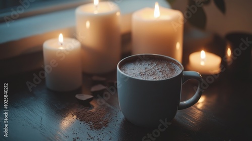 A serene scene of hot chocolate for mental health and relaxation, featuring a calm setting with candles, soft music, and a mug of rich cocoa, promoting relaxation and mindfulness