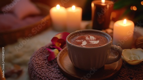 A serene scene of hot chocolate for mental health and relaxation, featuring a calm setting with candles, soft music, and a mug of rich cocoa, promoting relaxation and mindfulness