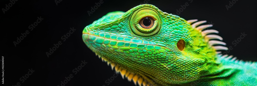 A tight shot of a green chameleon against a black backdrop, with an out-of-focus chameleon silhouette in the background A tight shot of a green chameleon against a black backdrop, with an out-of-focus chameleon silhouette in the background