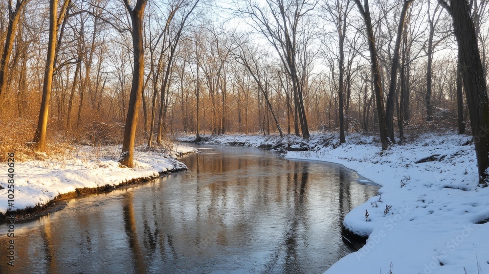 Winding River Through Snowy Forest in Winter Winding River Through Snowy Forest in Winter