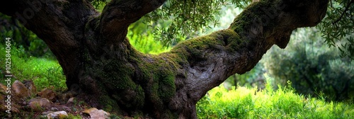  A sizable tree, moss-covered trunk, grassy surroundings, rocks, and background trees