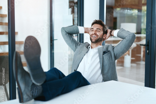 Konstfotografi Relax, happy businessman and shoes on desk, laugh or finish project in corporate office