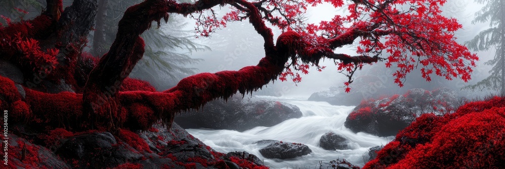 A forested stream featuring red-moss-covered rocks and trees boasting scarlet leaves above