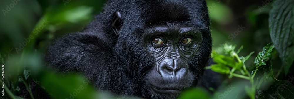 A tight shot of a gorilla's face with green leaves in the foreground and background A tight shot of a gorilla's face with green leaves in the foreground and background