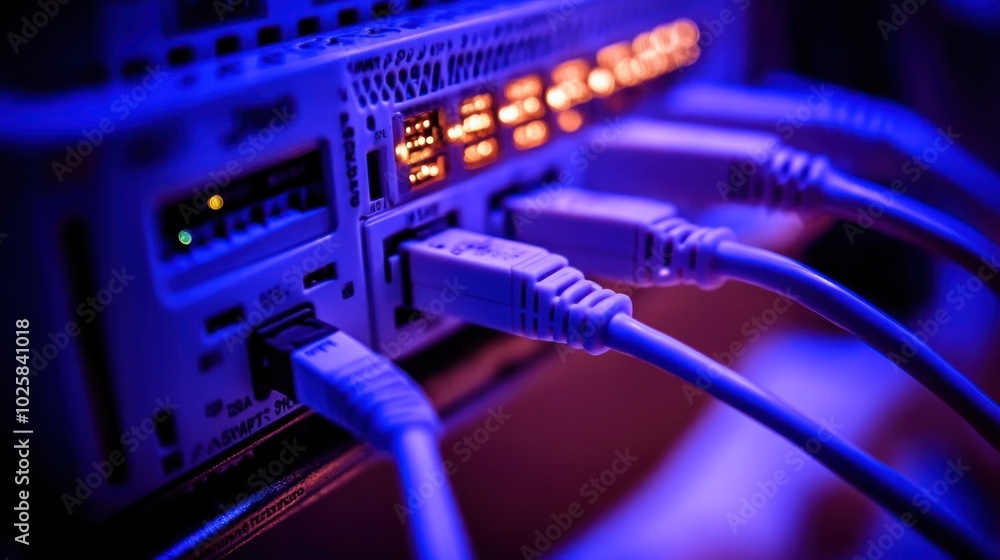 Close-up of Blue Network Cables Connected to a Server Close-up of Blue Network Cables Connected to a Server
