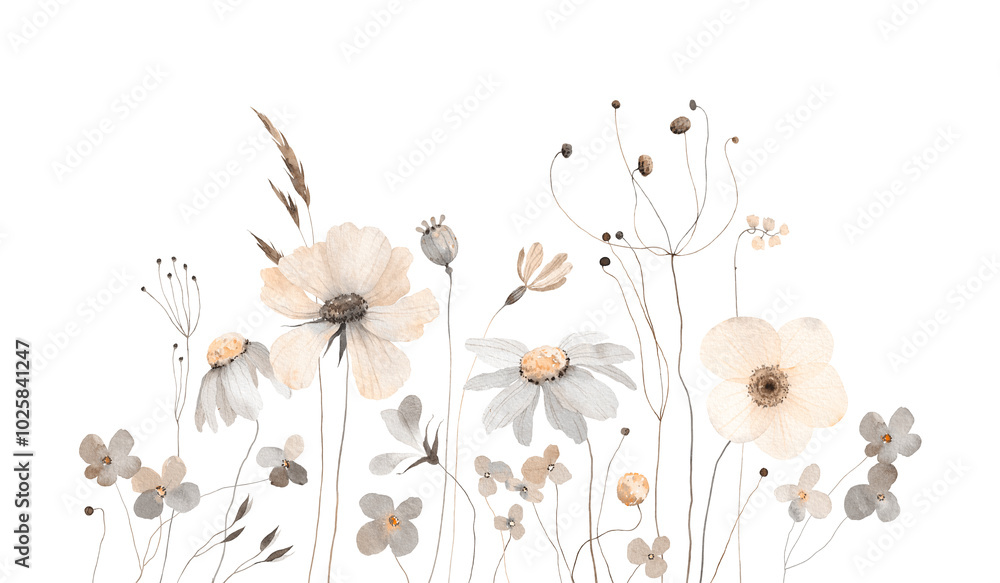 custom made wallpaper toronto digitalCute watercolor flowers horizontal border isolated on white background. Illustration for card, border, banner or your other design.