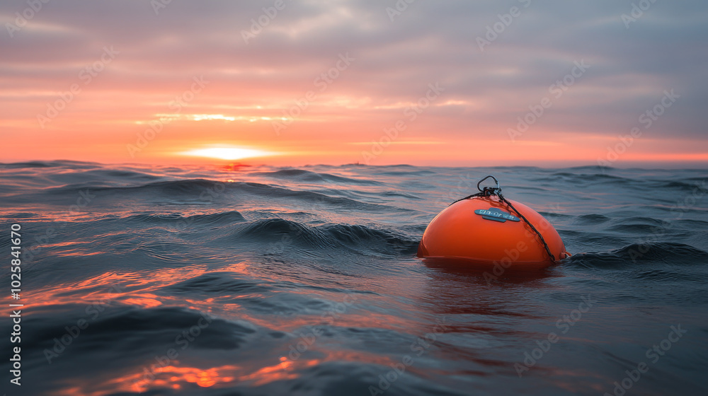 A bright orange buoy bobs on the waves at sunrise. It has tools to help ships and track weather. The buoy swings gently, with its chain anchoring it to the ocean floor below. A bright orange buoy bobs on the waves at sunrise. It has tools to help ships and track weather. The buoy swings gently, with its chain anchoring it to the ocean floor below.