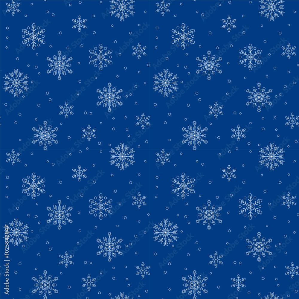 Seamless vector pattern with white snowflakes on a blue background. Illustration for design and decoration. Hand drawn linear snowflakes. Seamless vector pattern with white snowflakes on a blue background. Illustration for design and decoration. Hand drawn linear snowflakes.