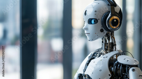 A robot with headphones and a microphone is ready to answer your questions. This could be a virtual assistant, a chatbot, or a technical support representative.