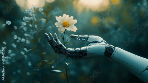 AI can help us learn and grow. Imagine a robot hand holding a flower, symbolizing the knowledge AI brings. This represents how AI is changing software development and online communication. photo