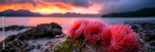  Two pink sea urchins atop a rock by the water's edge