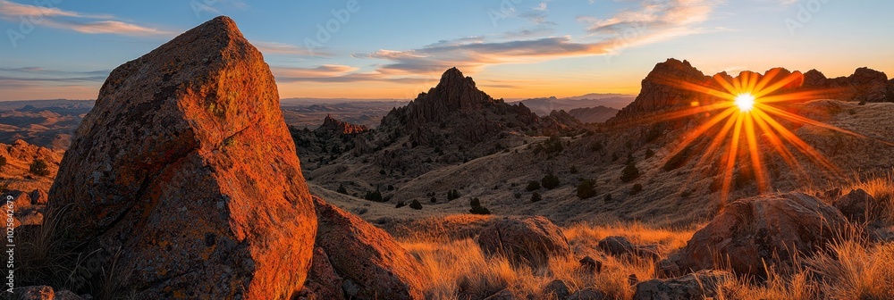 Fototapeta premium rocks in foreground, grassy area precedes