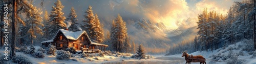 Scenic winter landscape with a log cabin and a horse-drawn sled under a golden sunrise, surrounded by snow-covered trees and mountains.