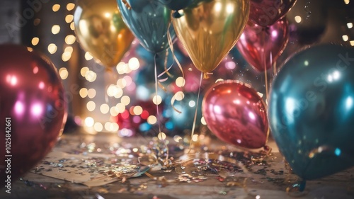 Vibrant party scene with metallic balloons in gold, red, and blue floating above rustic wood, surrounded by glimmering confetti and soft glowing bokeh lights, creating a joyful celebration atmosphere