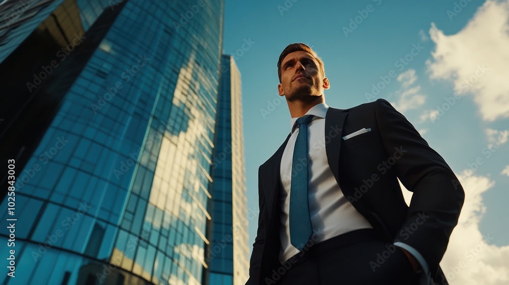 A stylish businessman outdoors, standing near a modern skyscraper, dressed in formal attire, looking confident with the city as his backdrop A stylish businessman outdoors, standing near a modern skyscraper, dressed in formal attire, looking confident with the city as his backdrop