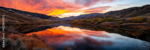  A large, verdant hillside encircles a body of water as a colorful sunset paints the sky behind