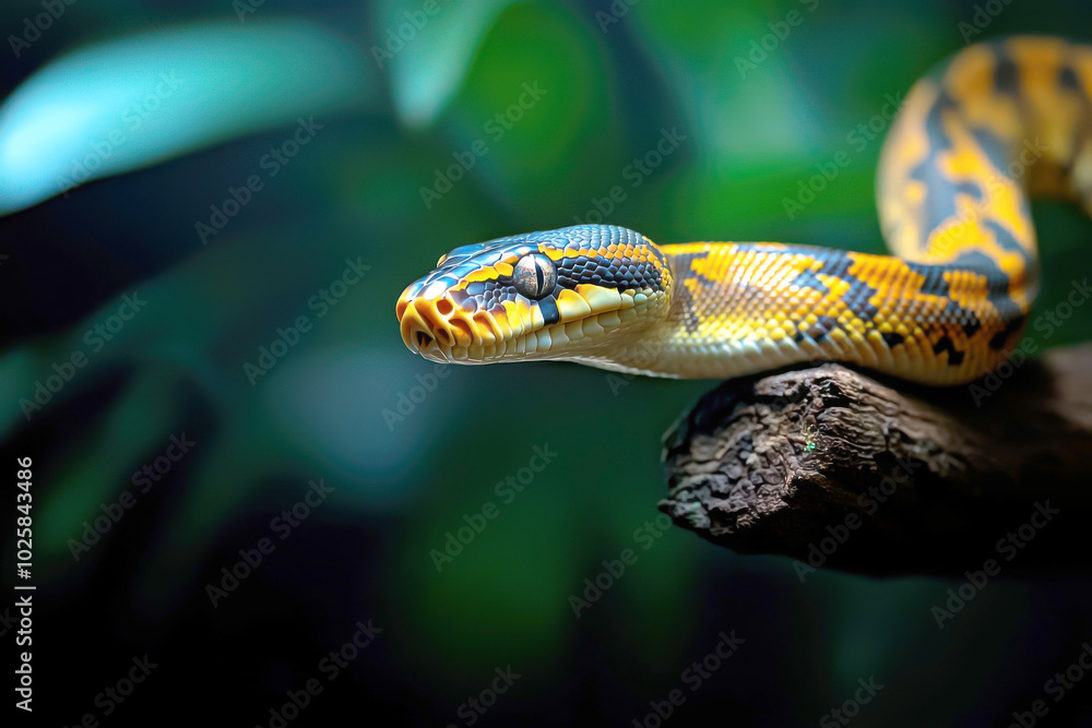 Obraz premium A vibrant snake resting on a branch, showcasing its stunning colors in a lush, green environment, perfect for wildlife enthusiasts.