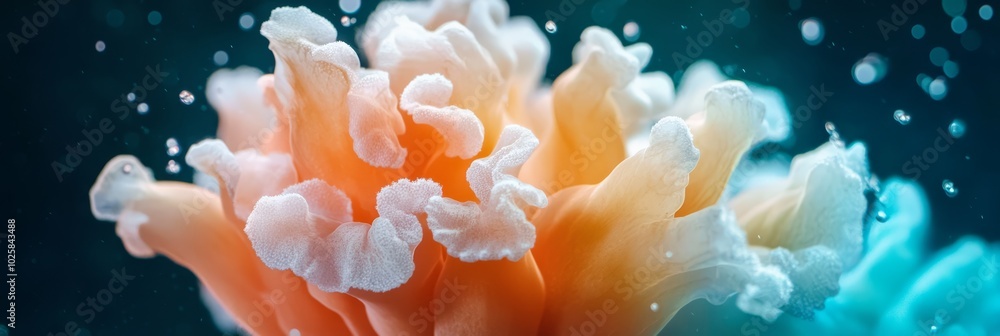 A tight shot of an orange-blue bloom, adorned with pearls of water on petals, in its heart A tight shot of an orange-blue bloom, adorned with pearls of water on petals, in its heart