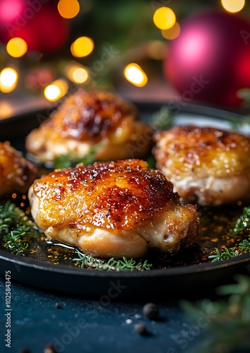 Perfectly crispy chicken thigh sizzling in oil, Christmas decor, vibrant magenta background, and room for promotional text photo