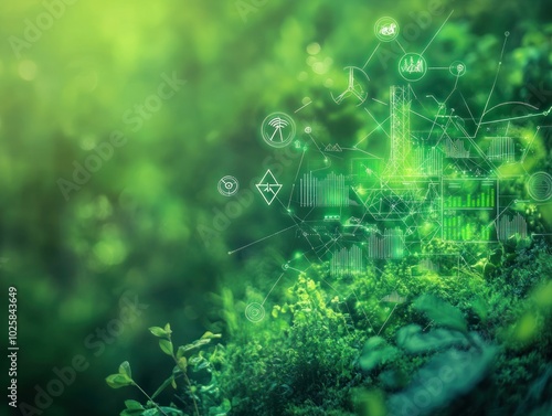 A sustainable data technology background, incorporating green tech elements like renewable energy icons and eco-friendly data systems, with shades of green and blue representing clean technology