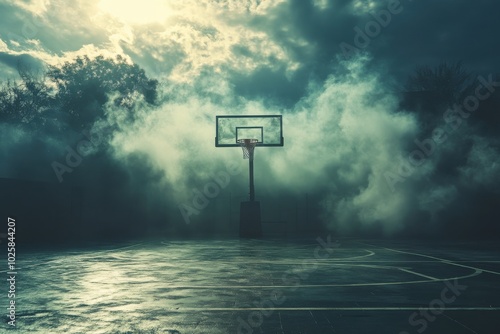 A basketball court with a foggy atmosphere and a basketball hoop in the middle