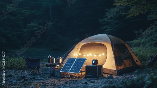 A tech-savvy camping setup with solar-powered equipment, showcasing solar panels charging devices, powering lights, and cooking tools, ideal for eco-conscious campers photo