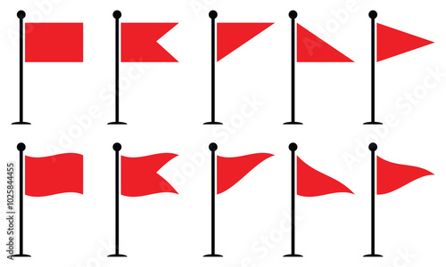 Set of red flags mounted on black poles. Static and waving flag icons for design, perfect for signaling or decorative purposes