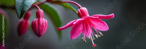  A tight shot of a pink bloom and a distinct green leaf in the foreground, while the background softly blurs