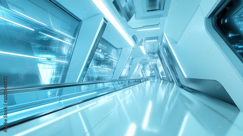 Futuristic Corridor with Glass Walls and Bright Lights Futuristic Corridor with Glass Walls and Bright Lights