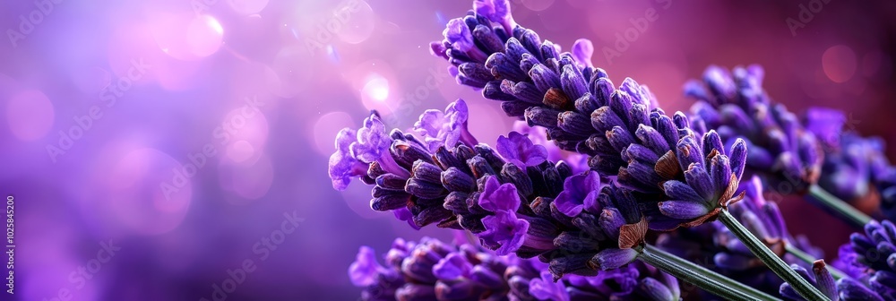 A collection of violet flowers arranged together against a backdrop of purple and pink Background features a bolt of soft light A collection of violet flowers arranged together against a backdrop of purple and pink Background features a bolt of soft light
