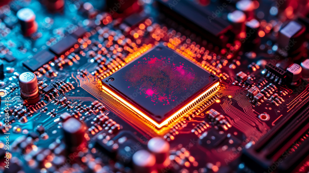 A glowing AI chip sits on a motherboard, showcasing advanced artificial intelligence technology. This powerful chip, a CPU or GPU, is part of the hardware that drives modern electronics. A glowing AI chip sits on a motherboard, showcasing advanced artificial intelligence technology. This powerful chip, a CPU or GPU, is part of the hardware that drives modern electronics.
