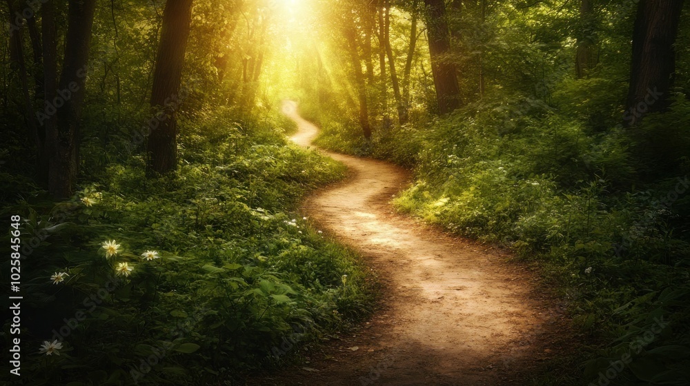 Fototapeta premium A winding dirt path leads through a lush forest, bathed in the warm glow of the setting sun.