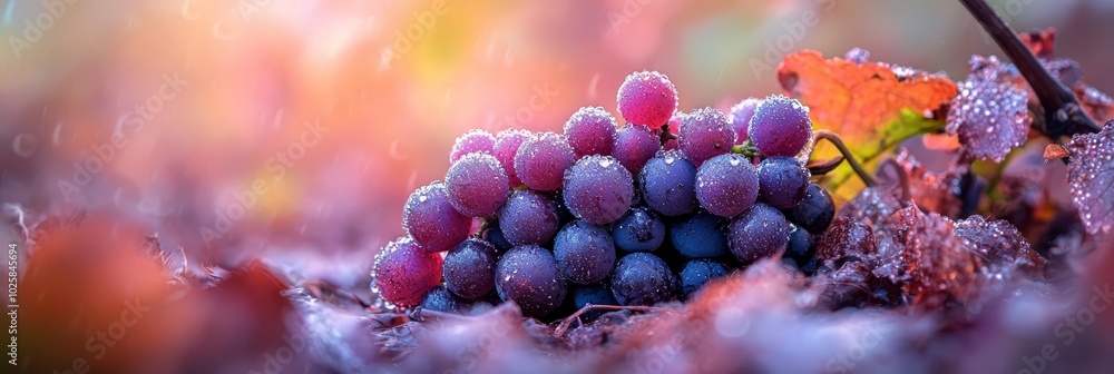 A cluster of grapes perches atop a mound of leaves in the heart of a field, dewdrops adorning their surfaces A cluster of grapes perches atop a mound of leaves in the heart of a field, dewdrops adorning their surfaces