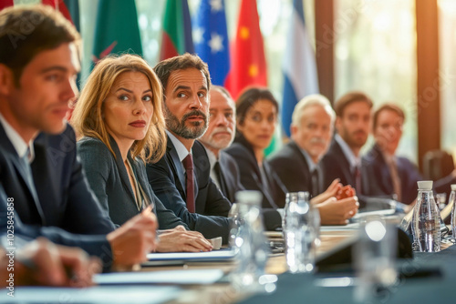 Diplomats engaged in a serious discussion on international conflict, national flags behind them, professional setting, soft lighting photo