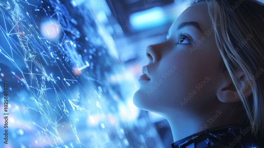A female robot, powered by AI, works in a virtual world. She's looking up at a 3D diagram, analyzing its geometric shape. This image shows how AI can be used to create advanced robots. A female robot, powered by AI, works in a virtual world. She's looking up at a 3D diagram, analyzing its geometric shape. This image shows how AI can be used to create advanced robots.