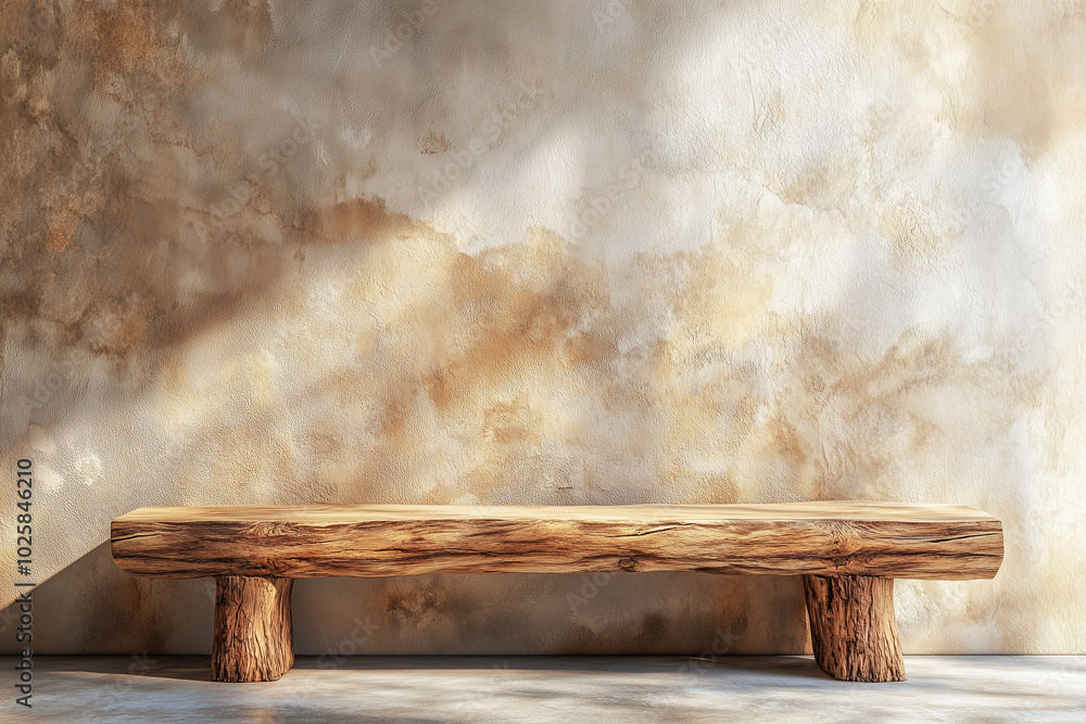 Rustic Wood Log Bench and Stucco Wall in Boho Country House Living Room Design Rustic Wood Log Bench and Stucco Wall in Boho Country House Living Room Design