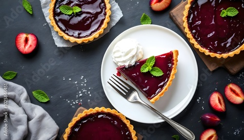 Davidson Plum Tart with Whipped Cream and Fresh Mint Garnish (Australian Cuisine) photo