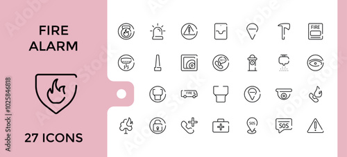 Fire alarm systems lone icons set. Related to smoke sensor, sprinkler, powder extinguishing module, fire alarm control panel and more, Editable stroke, pixel perfect icon collection.