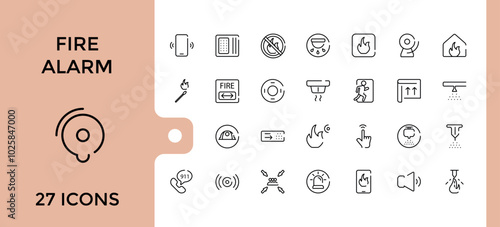 Fire alarm systems lone icons set. Related to smoke sensor, sprinkler, powder extinguishing module, fire alarm control panel and more, Editable stroke, pixel perfect icon collection.